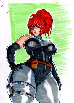  1girl bodysuit breasts curvy fat_mons female_focus gloves juliole35301969 large_breasts latex leather leona_heidern long_hair looking_at_viewer orochi_leona ponytail pussy red_eyes red_hair shiny_clothes skin_tight standing the_king_of_fighters thick_lips thick_thighs thighs tight_clothes wide_hips 