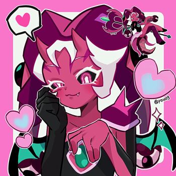  1other :3 armor artist_self-reference axe bare_shoulders battle_axe black_gloves black_sclera black_shirt black_wings bright_pupils closed_mouth collarbone colored_eyelashes colored_sclera colored_skin commentary_request cookie_run cookie_run:_ovenbreak crossed_legs dragon_horns dragon_wings elbow_gloves eyelashes fang flat_chest gem gloves green_gem green_wings half-closed_eye hand_on_own_cheek hand_on_own_face hands_up hat hat_bell heart horns humanization korean_commentary looking_at_viewer lychee_dragon_cookie michelin_(p0lo09) other_focus outline pink_eyes pink_skin purple_hat shirt short_hair shoulder_armor single_elbow_glove single_glove skin-covered_horns solo sparkle spoken_heart strapless strapless_shirt twitter_username two-tone_wings uneven_eyes upper_body very_short_hair weapon weapon_on_back white_background white_eyelashes white_hair white_outline white_pupils wings 