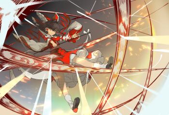  1girl ascot bow brown_eyes brown_hair brown_shoes chinese_commentary closed_mouth commentary_request detached_sleeves devilkillerx frilled_bow frilled_hair_tubes frills full_body gohei hair_bow hair_tubes hakurei_reimu highres holding holding_gohei long_hair ofuda red_ascot red_bow red_skirt ribbon-trimmed_sleeves ribbon_trim shoes skirt skirt_set socks solo touhou touhou_lost_branch_of_legend white_socks 