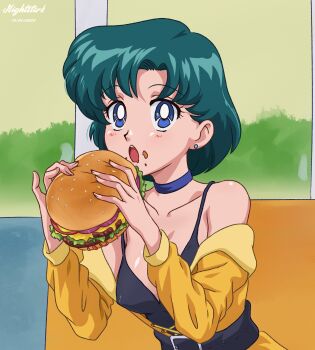  1girl aqua_hair artist_name bishoujo_senshi_sailor_moon bishoujo_senshi_sailor_moon_(first_season) blue_choker blue_eyes burger cheese choker dated derivative_work earrings food highres jewelry meme mizuno_ami nightstark open_mouth sailor_mercury_eating_a_burger_(meme) screenshot_redraw short_hair teeth toei_company 