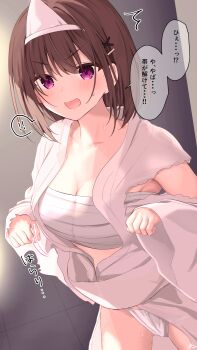  ! !! 1girl armpits breasts brown_hair childhood_friend-chan_(ramchi) cleavage collarbone ghost_costume ghost_pose hair_ornament hairclip highres japanese_clothes kimono large_breasts medium_hair obi open_clothes open_mouth original partially_undressed purple_eyes ramchi sarashi sash shiroshouzoku speech_bubble sweat torn_clothes torn_kimono triangular_headpiece v-shaped_eyebrows white_kimono x_hair_ornament 