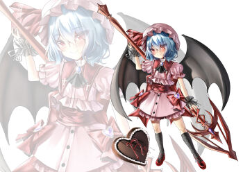  1girl absurdres arm_up ascot bat_wings black_ascot black_socks black_wrist_cuffs blue_hair blush bow brooch candy chocolate chocolate_heart closed_mouth food frilled_shirt frilled_sleeves frilled_wrist_cuffs frills full_body hair_between_eyes hat heart heart-shaped_food heart-shaped_gem highres holding holding_polearm holding_weapon hyaruri jewelry looking_at_viewer mary_janes mixed-language_commentary mob_cap nail_polish pink_hat pink_shirt pink_skirt polearm puffy_short_sleeves puffy_sleeves red_eyes red_nails red_sash red_shoes remilia_scarlet sash shirt shoes short_hair short_sleeves skirt skirt_bow skirt_set smile socks solo spear_the_gungnir standing touhou valentine weapon white_background wings wrist_cuffs zoom_layer 