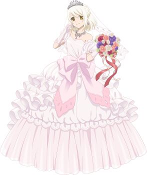  alice_(holding_your_hand)_(tales) alice_(tales) bare_shoulders blonde_hair bouquet bridal_veil bride detached_sleeves dress earrings flower flower_necklace frilled_dress frills gloves highres holding holding_bouquet jewelry looking_at_viewer necklace official_alternate_costume official_alternate_hairstyle pink_flower pink_ribbon purple_flower red_flower red_ribbon ribbon short_hair smile tales_of_(series) tales_of_asteria tales_of_symphonia tales_of_symphonia:_dawn_of_the_new_world tales_of_the_rays tiara transparent_background veil white_flower white_gloves 