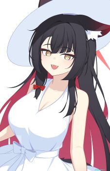  1girl :d absurdres alternate_costume animal_ears bare_shoulders black_hair blue_archive blush bow breasts cleavage dress ears_through_headwear eyeshadow fangs fox_ears fox_girl fox_tail hair_bow halo happy hat highres large_breasts long_hair looking_at_viewer makeup medium_breasts multicolored_hair one_ear_down open_mouth red_bow red_eyeshadow red_hair red_halo siranui_desu sleeveless sleeveless_dress smile solo tail two-tone_hair upper_body very_long_hair wakamo_(blue_archive) white_dress white_hat yellow_eyes 