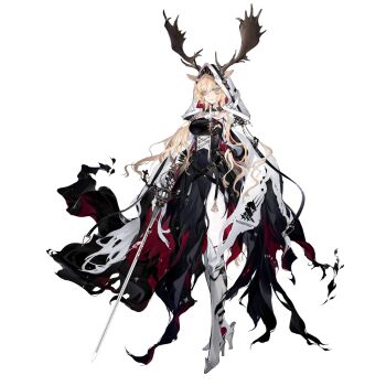  1girl animal_ears horns_through_headwear arknights asymmetrical_gloves bell blonde_hair blue_eyes boots candle cape ears_through_headwear gloves high_heels hood hooded_cape long_hair official_art strap sword viviana_(arknights) weapon white_background  rating:General score:5 user:Moonbase