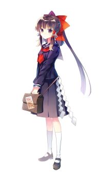  1girl bag black_serafuku black_shirt black_shoes black_skirt bow brown_eyes expressionless female_focus full_body gohei hair_bow hair_ribbon hair_tubes hakurei_reimu highres kneehighs long_hair long_sleeves looking_at_viewer looking_to_the_side mary_janes nr_(cmnrr) nr_(ys_onrr) pleated_skirt ponytail ribbon sailor_collar school_bag school_uniform serafuku shirt shoes skirt socks solo talisman touhou transparent_background white_background white_socks  rating:Sensitive score:10 user:danbooru