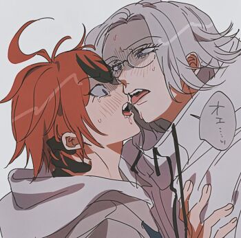  2boys after_kiss ahoge aotsuki_eito black_gloves black_streaks blue_eyes blush commentary_request dorodorodo412 face-to-face glasses gloves grey_hair grey_jacket hand_on_another's_chest hand_on_another's_neck highres hood hoodie jacket jacket_over_hoodie looking_at_another male_focus multicolored_hair multiple_boys open_mouth purple_eyes red_hair saliva saliva_trail short_hair simple_background speech_bubble streaked_hair sumino_takumi sweat the_hundred_line_-last_defense_academy- tongue tongue_out translation_request two-tone_hair white_background white_hoodie white_jacket yaoi 