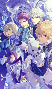  5boys airgetlam_(fate) bedivere_(fate) bird black_gloves blonde_hair blue_eyes chaldea_boys_collection closed_eyes closed_mouth commentary_request dove dutch_angle falling_feathers fate/grand_order fate_(series) feathers formal_clothes game_cg gareth_(fate) gloves green_eyes grey_hair hanamura_mai harp instrument lancelot_(fate/grand_order) long_hair long_sleeves looking_at_viewer male_focus medium_hair multiple_boys music my_kind_of_abduction offering_hand official_art open_mouth parted_lips partial_commentary percival_(fate) playing_instrument prosthesis prosthetic_arm purple_eyes purple_hair red_hair short_hair sleeve_cuffs smile third-party_source tristan_(fate) white_feathers white_gloves white_hair 