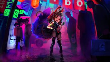  2girls 4boys :3 absurdres animal_ear_fluff animal_ear_piercing animal_ears armpit_crease asymmetrical_gloves backpack bag banknote bare_shoulders belt black_gloves black_leotard black_pantyhose blunt_bangs blush bone_earrings boots brown_hair cameltoe cat_boy cat_ears cat_tail chain cigarette city clothing_cutout collar commission covered_erect_nipples cross cross_earrings instant_cup_noodles dagger_(fiz-rot) demon_boy dollar_bill earrings facial_mark fangs fingerless_gloves fishnet_gloves fishnets fiz-rot flat_chest fox_ears fox_girl fox_tail full_body gelbooru gloves glowing glowing_tattoo gluteal_fold green_eyes hair_bobbles hair_ornament half-closed_eyes hand_on_own_hip hand_up happy highres holding holding_bag holding_money horns huge_filesize indie_virtual_youtuber instant_cup_noodles instant_noodles intertwined_tails jewelry lantern large_tail latin_cross layered_gloves leotard logo loli looking_back medium_hair mismatched_gloves money mouse_ears mouse_girl mouse_tail mouth_hold multicolored_hair multiple_boys multiple_girls multiple_tails nail_polish navel navel_cutout neon_trim night non-web_source nose_blush nyudachi open_mouth outdoors pantyhose paper_lantern pigeon-toed pink_nails pink_trim plastic_bag purple_hair randoseru red_eyes revision seductive_smile shiny_clothes shopping_bag sidelocks skin_tight skindentation smile smoking solo_focus spaghetti_(fiz-rot) spiked_boots spiked_collar spikes spill standing streaked_hair string_of_flags tail tattoo teeth thigh_belt thigh_boots thigh_strap tongue two-tone_hair two_tails vending_machine virtual_youtuber 