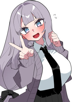  :d absurdres arched_bangs black_bow black_necktie black_skirt blue_eyes blunt_bangs blush bow breasts cardigan center-flap_bangs clenched_hand collared_shirt commentary_request dutch_angle flying_sweatdrops hair_bow happy head_tilt highres huge_breasts long_hair long_sidelocks looking_at_viewer necktie oimotororo1116 open_cardigan open_clothes open_mouth original pleated_skirt portrait purple_cardigan purple_hair school_uniform shirt sidelocks signature simple_background skirt smile straight_hair tachibana_(oimotororo1116) thick_eyelashes tucking_hair upper_body v white_background white_shirt 