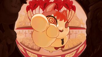  1girl :3 @_@ absurdres animal_ears animalization bakery balloon bird black_necktie bow bread bread_slice cake chainsaw chainsaw_man chibi chicken chicken_(food) church cross cross-shaped_pupils fisheye floating food furrification furry furry_female highres ice_cream intestines looking_at_viewer makima_(chainsaw_man) necktie nya_tt0 open_mouth pointing pointing_at_viewer popcorn rabbit reaching red_bow red_eyes red_hair ringed_eyes shop short_hair smile solo stuffed_toy symbol-shaped_pupils teeth too_many_balloons yellow_eyes 