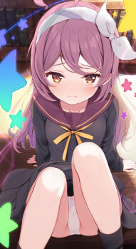  1girl arm_support arms_at_sides black_serafuku black_shirt black_skirt bow bow_hairband bow_panties closed_mouth commentary_request crotch_seam dot_nose double-parted_bangs embarrassed feet_out_of_frame grey_bow grey_hairband hairband highres knees_up komone_ushio long_hair long_sleeves looking_at_viewer neck_ribbon on_floor original panties purple_hair purple_sailor_collar raised_inner_eyebrows red_eyes ribbon sailor_collar school_uniform serafuku shirt sitting skirt solo underwear white_panties yellow_ribbon 