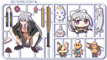  1girl animal_crossing anniversary baseball_bat black_jacket blazer bow brown_cardigan brown_shoes cardigan cat character_request chibi collared_shirt commentary_request flower grey_hair grey_skirt hair_between_eyes hair_bow hair_ornament hairclip high_ponytail higuchi_kaede higuchi_kaede_(1st_costume) jacket light_frown loafers long_hair looking_at_viewer model_kit mole mole_under_eye necktie nijisanji nintendo nunchaku one_sutero open_clothes open_jacket paper_airplane peak_(game) plaid_clothes plaid_necktie ponytail poop purple_eyes purple_necktie rabbit rose school_uniform scout_(peak) shirt shoes sidelocks skirt slav_squatting socks squatting very_long_hair virtual_youtuber weapon white_background white_bow white_shirt white_socks 
