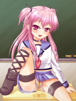  1girl angel_beats! blue_skirt blush boots botanzakura clothes_lift female_focus highres long_hair looking_at_viewer open_mouth panties pee peeing peeing_on_clothes peeing_self pink_eyes pink_hair school_uniform sitting skirt skirt_lift solo solo_focus stained_panties table tongue uncensored underwear white_panties yason_shain yui_(angel_beats!) 