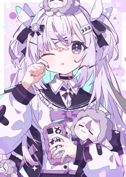  1girl :o aramedraw black_bow black_choker black_ribbon black_sailor_collar bow bowtie cellphone choker eyebrows_hidden_by_hair hair_between_eyes hair_bow hair_ornament hair_ribbon hairclip hand_up highres holding light_blush long_hair long_sleeves looking_at_viewer multicolored_hair nail_polish one_eye_closed open_mouth original parted_lips phone puffy_long_sleeves puffy_sleeves purple_eyes ribbon sailor_collar school_uniform serafuku shirt simple_background sleeves_past_wrists smartphone solo streaked_hair stuffed_animal stuffed_toy twintails two_side_up upper_body very_long_hair white_hair white_shirt wing_hair_ornament x_hair_ornament 