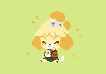  afternoon_fika animal_crossing dog closed_eyes green_background isabelle_(animal_crossing) nintendo phone simple_background sitting smile  rating:Sensitive score:6 user:liquorice