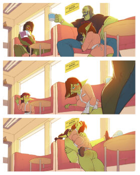 ! 1boy 3girls ass bare_shoulders bell black_hair blunt_bangs blunt_ends blush breasts brown_eyes brown_hair closed_eyes colored_skin cum cum_in_mouth cup day earrings english_text fellatio female_goblin female_orc futa_with_female futanari glasses goblin green_eyes green_skin hand_on_another's_head highres holding holding_cup indoors jewelry kiss large_breasts long_sleeves multiple_girls muscular muscular_female oral orc orcbarbies original pants parted_lips penis pointy_ears ponytail shirt shoes short_sleeves sign sitting sleeveless smile sub_on_sub table teeth tusks watch window rating:Explicit score:447 user:danbooru