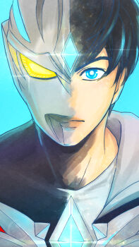 2boys alien black_hair black_jacket black_skin blue_background blue_eyes blue_theme bright_pupils collarbone color_timer colored_skin commentary crystal dorsal_fin dual_persona forehead_jewel giant giant_male glowing glowing_eyes highres hize_yuuma hood hooded_jacket jacket light_rays lips looking_at_viewer male_focus mizunotsuki multicolored_skin multiple_boys no_pupils open_clothes open_jacket portrait red_skin serious shirt short_hair signature silver_skin simple_background sparkle split_theme straight-on tokusatsu ultra_series ultraman_arc ultraman_arc_(series) white_pupils white_shirt yellow_eyes 