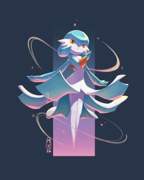 1other blue_background blue_hair blue_skin bob_cut colored_skin dress gardevoir gen_3_pokemon highres mr.anderson.x multicolored_skin nintendo orange_eyes pokemon pokemon_(creature) signature two-tone_skin white_dress white_skin 