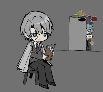  1boy 1girl angela_(project_moon) birthday_cake black_pants book cake chibi chibi_only closed_mouth coat coat_on_shoulders commentary english_commentary food green_eyes grey_background grey_coat grey_hair grey_jacket grey_necktie hokma_(project_moon) holding holding_book jacket lapels library_of_ruina long_sleeves monocle necktie on_stool open_clothes open_coat pants parody parted_bangs project_moon sitting stool style_parody suit_jacket zomerm 