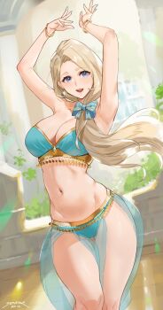  1girl 2020 alternate_costume armpits arms_up artist_name bare_shoulders bikini blonde_hair blue_bikini blue_bow blue_eyes blush bow bracelet breasts cleavage collarbone dancer dated earrings female_focus fire_emblem fire_emblem:_three_houses gold_trim highres jewelry large_breasts long_hair looking_at_viewer mercedes_von_martritz nail_polish navel nintendo open_mouth parted_bangs pelvic_curtain see-through_clothes sendo_(sendrawz) side_ponytail smile solo swimsuit thighs  rating:Sensitive score:259 user:danbooru