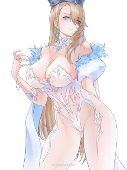  1girl absurdres blonde_hair blue_eyes breasts brown_dust_(series) brown_dust_2 ceplokceplok cleavage crown dress earrings eyes_visible_through_hair hair_over_one_eye hair_over_shoulder highres jewelry large_breasts long_hair looking_at_viewer official_alternate_costume simple_background solo very_long_hair white_background white_dress wilhelmina_(brown_dust) wilhelmina_(frost_queen)_(brown_dust) 