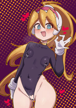  1girl @_@ absurdres black_leotard blonde_hair blue_eyes breasts buzzlyears ciel_(mega_man) clothing_cutout commentary cowboy_shot crotch_cutout flat_chest heart high_ponytail highres lactation leotard long_hair mega_man_(series) mega_man_zero_(series) money_gesture polka_dot polka_dot_background ponytail purple_background pussy_juice solo 
