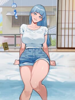  1girl absurdres arched_bangs arm_support blue_eyes blue_hair breasts commentary_request denim denim_shorts feet_out_of_frame grin head_tilt highres large_breasts long_hair looking_at_viewer nadainishi original shirt short_shorts short_sleeves shorts sitting smile solo white_shirt wind_chime 