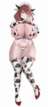  1girl animal_ears animal_print areola_slip asurada_yui azur_lane bare_shoulders bell bikini blush bottle breasts cleavage collarbone commentary_request cow_ears cow_girl cow_horns cow_print cow_print_bikini cow_print_gloves cow_print_thighhighs cowbell cowpens_(azur_lane) cowpens_(milky_ministrations)_(azur_lane) full_body garter_belt gloves high_heels highres horns huge_breasts looking_at_viewer maid_headdress micro_bikini milk_bottle navel print_bikini print_gloves print_thighhighs skindentation smile solo swimsuit thick_thighs thighhighs thighs 