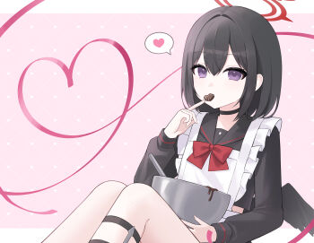  1girl absurdres black_choker black_hair black_sailor_collar black_serafuku black_wings blue_archive bow bowl candy chocolate chocolate_heart choker commentary feathered_wings food food_in_mouth garter_straps gomzzit halo heart heart-shaped_food heart_ribbon highres holding holding_bowl letterboxed long_sleeves looking_at_viewer low_wings mashiro_(blue_archive) outside_border patterned_background pink_background purple_eyes red_bow red_halo sailor_collar school_uniform serafuku short_hair single_garter_strap sitting solo speech_bubble spoken_heart valentine winged_halo wings 