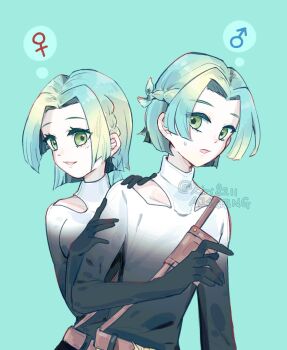 1girl 1other aqua_hair blonde_hair blush braid double_other_genderswap genderswap genderswap_(otf) genderswap_(otm) gloves gnosia gradient_hair green_eyes highres jacket kiri8211 looking_at_viewer medium_hair multicolored_hair multicolored_jacket partially_fingerless_gloves single_braided_sidelock solo tagme turtleneck yuri_(gnosia)