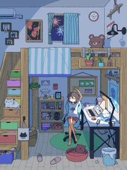  1girl absurdly_detailed_composition absurdres aerial_fireworks analog_clock animal bag black_hair blanket bulletin_board cactus calendar_(object) cat cat_teaser ceiling cellphone chair charging_device cheribon clock closed_eyes computer computer_mouse crossed_legs cup curtains desk desk_lamp fireworks fish fish_food fishbowl floor flower goldfish hanging_plant highres indoors lamp laptop large_teddy_bear loaded_interior mug night office_chair original phone photo_(object) plant poster_(object) potted_plant power_strip print_shirt purple_flower red_shorts rug shelf shirt short_sleeves shorts sitting slippers smartphone solo speaker stairs stretching stuffed_toy swivel_chair tissue_box trash_can tulip unworn_slippers vase wide_shot  rating:General score:4 user:danbooru