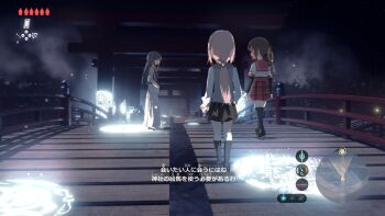  3girls bag black_shirt black_skirt black_sleeves black_socks blue_eyes blue_hair bridge brown_hair brown_shoes casual city commentary_request expressionless full_body grey_skirt grey_vest hair_ribbon health_bar high-waist_skirt kamihama_university_affiliated_school_uniform kneehighs layered_sleeves light_particles long_hair long_skirt long_sleeves looking_at_another low_ponytail magia_record:_mahou_shoujo_madoka_magica_gaiden magic_circle mahou_shoujo_madoka_magica map miniskirt multiple_girls nanami_yachiyo night nintendo outdoors parted_lips pink_hair plaid_clothes plaid_skirt pleated_skirt ponytail red_sailor_collar red_skirt ribbon sailor_collar samidare_(hoshi) school_uniform shirt shoes short_over_long_sleeves short_sleeves shoulder_bag side_ponytail sidelocks skirt sleeveless sleeveless_shirt socks soul_gem straight_hair takarazaki_school_uniform tamaki_iroha the_legend_of_zelda the_legend_of_zelda:_breath_of_the_wild torii translation_request user_interface uwabaki very_long_hair vest walking white_shirt yellow_ribbon yui_tsuruno 