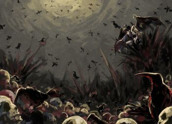  1girl bird bird bone cloud coat crow dark_cloud gem hat highres iizunamaru_megumu long_hair red_eyes sanisaido sitting skull sleeveless sleeveless_coat tengu tokin_hat touhou watercolor wings 