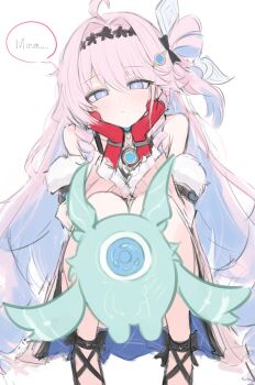  1girl acht_ao ahoge bare_shoulders blue_eyes blue_hair closed_mouth colored_inner_hair commentary denia_(wuthering_waves) gloves hair_intakes hands_up highres light_blush multicolored_hair pink_hair red_gloves simple_background soliskin_(wuthering_waves) solo squatting white_background wuthering_waves 
