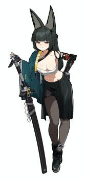  1girl absurdres animal_ear_fluff animal_ears aqua_jacket black_hair black_pantyhose black_skirt blunt_bangs breasts chest_sarashi commentary fingerless_gloves fox_ears fox_girl full_body gauntlets gloves green_jacket high-waist_skirt highres holding holding_sword holding_weapon hoshimi_miyabi huangfeng jacket katana large_breasts long_hair looking_at_viewer open_clothes open_shirt pantyhose red_eyes sarashi simple_background single_fingerless_glove single_gauntlet skirt smile solo sword weapon white_background zenless_zone_zero 