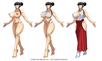  1girl areola_slip barefoot black_hair blush breasts chest_sarashi cleavage female_pubic_hair full_body fundoshi groin hair_bun hakama highres japanese_clothes large_breasts lipstick looking_at_viewer makeup medium_hair multiple_views navel nekiaya0 nipples nontraditional_miko open_mouth original outstretched_arms pubic_hair pussy red_hakama sarashi simple_background smile socks spread_arms stomach tiptoes toes white_background white_socks 