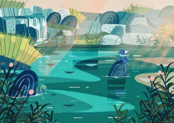  closed_mouth commentary dewpider gen_7_pokemon grass highres lauren_baldo light_rays nintendo no_humans outdoors plant pokemon pokemon_(creature) pokemon_focus popplio procreate_(medium) scenery smile water 