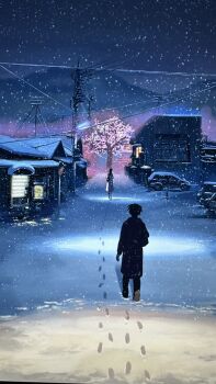  1boy 1girl building byousoku_5_centimeter car character_request coat footprints full_body highres house motor_vehicle night outdoors power_lines road scenery shinkai_makoto sky slice_of_life snowflakes snowing street town tree utility_pole winter winter_clothes winter_coat 