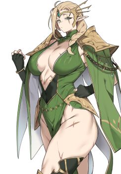  1girl armor armored_boots bangle black_gloves blonde_hair boots bracelet braid breasts cape clenched_hand commentary cowboy_shot cross_scar dress elf fantasy faulds fingerless_gloves forehead_jewel gloves green_cape green_dress green_eyes hair_over_shoulder hand_on_own_hip highres jewelry large_breasts mature_female medium_hair muscular muscular_female no_bra no_panties original pauldrons pelvic_curtain plunging_neckline pointy_ears raised_eyebrow scar scar_across_eye scar_on_face scar_on_leg scars_all_over shoulder_armor sideboob single_braid solo thick_thighs thighs too_many urec white_background 