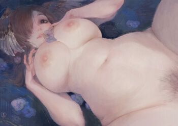  1girl andrea_averill breasts brown_hair female_pubic_hair hair_over_one_eye large_breasts lips long_hair looking_at_viewer lying nat_the_lich navel nipples nude on_back original parted_lips pubic_hair smile solo  rating:Questionable score:177 user:danbooru