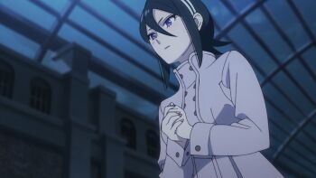  1girl black_hair bleach blue_eyes blurry blurry_background coat cosplay dutch_angle floppydisk7000 from_below hair_between_eyes highres kuchiki_rukia parody solo spy_x_family style_parody third-party_source upper_body white_hair yor_briar yor_briar_(cosplay) 