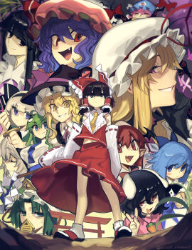  6+girls animal_ears black_gloves black_hair black_hat blonde_hair blue_bow blue_dress blue_eyes blue_hair blue_hat blue_skirt blunt_bangs boa_(brianoa) bow brown_hair bug butterfly carrot_necklace cirno closed_mouth collared_shirt commentary_request demon_wings detached_sleeves detached_wings dress fang floppy_ears frilled_bow frilled_hair_tubes frills gap_(touhou) gloves gohei green_hair hair_bow hair_tubes hakurei_reimu hat hat_bow hat_ribbon head_wings highres holding holding_gohei houraisan_kaguya ice ice_wings inaba_tewi insect izayoi_sakuya jewelry kirisame_marisa koakuma kochiya_sanae konpaku_youmu long_hair looking_at_viewer midriff_peek mob_cap multiple_girls navel necklace necktie open_mouth pendant pink_butterfly pink_dress pink_hat pointy_ears puffy_short_sleeves puffy_sleeves purple_hair rabbit_ears rabbit_girl red_bow red_eyes red_hair red_ribbon red_skirt remilia_scarlet ribbon ribbon-trimmed_sleeves ribbon_trim rod_of_remorse saigyouji_yuyuko shiki_eiki shirt short_sleeves skirt skirt_set smile socks torii touhou white_hat white_shirt white_socks wings witch_hat yakumo_yukari yellow_eyes yellow_necktie 