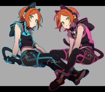 2boys 2wink_(ensemble_stars!) animal_ear_headphones animal_ears aoi_hinata aoi_yuta artist_name black_gloves black_jacket black_leggings brothers cat_ear_headphones cat_ears cat_tail cropped_jacket dated ensemble_stars! fake_animal_ears full_body fuurin_(sior_fr) gloves green_eyes headphones high_collar highres hood hooded_jacket jacket leggings letterboxed looking_at_viewer male_focus midriff multicolored_jacket multiple_boys orange_hair parted_bangs see-through_clothes see-through_shorts see-through_sleeves short_hair short_sleeves shorts siblings simple_background tail twins zipper