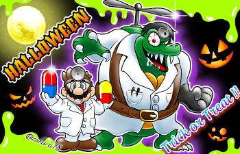  2boys black_gloves black_hair bloodshot_eyes blue_eyes brown_hair colored_skin commentary donkey_kong_(series) donkey_kong_country_3 dr._mario dr._mario_(game) drooling facial_hair gloves green_skin halloween head_mirror highres holding holding_pill king_k._rool lab_coat looking_at_viewer male_focus mario mario_(series) moon multiple_boys mustache nintendo outline pill propeller rarewarerrrrr single_glove standing trick_or_treat white_outline 