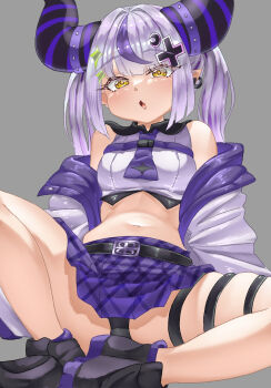  1girl black_panties black_shoes breasts commentary_request crescent crescent_hair_ornament cropped_shirt cross_hair_ornament demon_girl demon_horns fang grey_background grey_hair hair_ornament highres hololive horns la+_darknesss la+_darknesss_(gaming_casual) long_hair looking_at_viewer official_alternate_costume open_mouth panties pointy_ears purple_skirt purple_streaks rorol_reime shirt shoes sidelocks skin_fang skirt small_breasts thigh_strap two_side_up underwear virtual_youtuber white_shirt yellow_eyes 