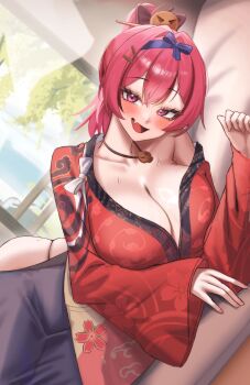  1girl absurdres black_hakama black_skirt blush bow breasts cleavage collarbone commentary_request fang goddess_of_victory:_nikke hair_ornament hair_stick hairband hakama hakama_skirt heart heart_in_eye highres japanese_clothes jewelry kimono large_breasts long_hair looking_at_viewer lying mast_(nikke) mast_(romantic_maid)_(nikke) mast_(romantic_maid)_(tea_service)_(nikke) maviss_03 necklace on_side open_mouth pink_eyes pink_hair ponytail purple_hairband red_kimono single_bare_shoulder skin_fang skirt smile solo symbol_in_eye white_bow 