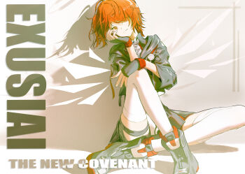  1girl absurdres arknights black_gloves black_jacket black_shorts character_name detached_wings exusiai_(arknights) exusiai_the_new_covenant_(arknights) fingerless_gloves gloves head_rest highres jacket looking_at_viewer medium_hair one_side_up orange_eyes red_hair shorts solo thighhighs three-quarter_sleeves white_thighhighs wings zhong_yangmei_shu_cc 