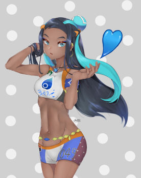  1girl abs absurdres aqua_eyes armlet belly_chain bike_shorts blue_eyeshadow commentary_request cowboy_shot dark-skinned_female dark_skin earclip earrings eyelashes eyeshadow grey_background hair_bun hands_up heart highres hoop_earrings jewelry long_hair looking_at_viewer makeup multicolored_hair navel nessa_(pokemon) nintendo open_mouth partial_commentary pokemon pokemon_swsh sidelocks signature single_hair_bun solo sports_bra two-tone_hair yazune 