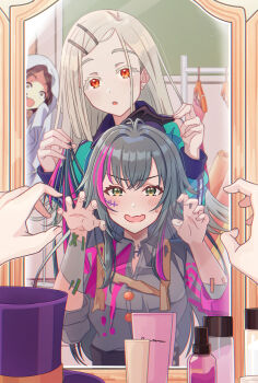  3girls blue_jacket bodypaint brown_eyes brown_hair claw_pose collared_shirt commentary_request dress_shirt female_pov gakuen_idolmaster ghost_costume green_hair grey_shirt hair_ornament hairclip halloween halloween_costume highres idolmaster jacket kuramoto_china long_hair long_sleeves mirror multicolored_hair multiple_girls open_mouth parallel_hairclips parted_bangs pink_hair pov red_eyes reflection reflection_focus shinosawa_hiro shirt sidelocks streaked_hair track_jacket tsukimura_temari wide-eyed yui081 zombie_costume 